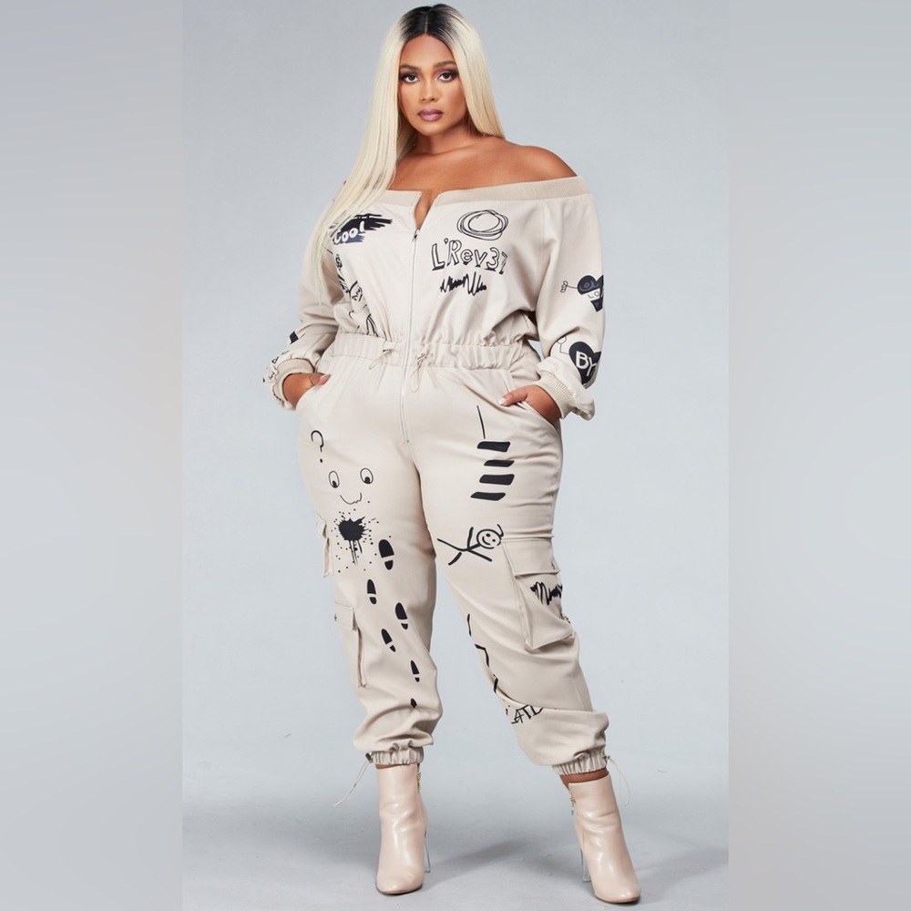 DOODLE PRINT OFF SHOULDER JUMPSUIT